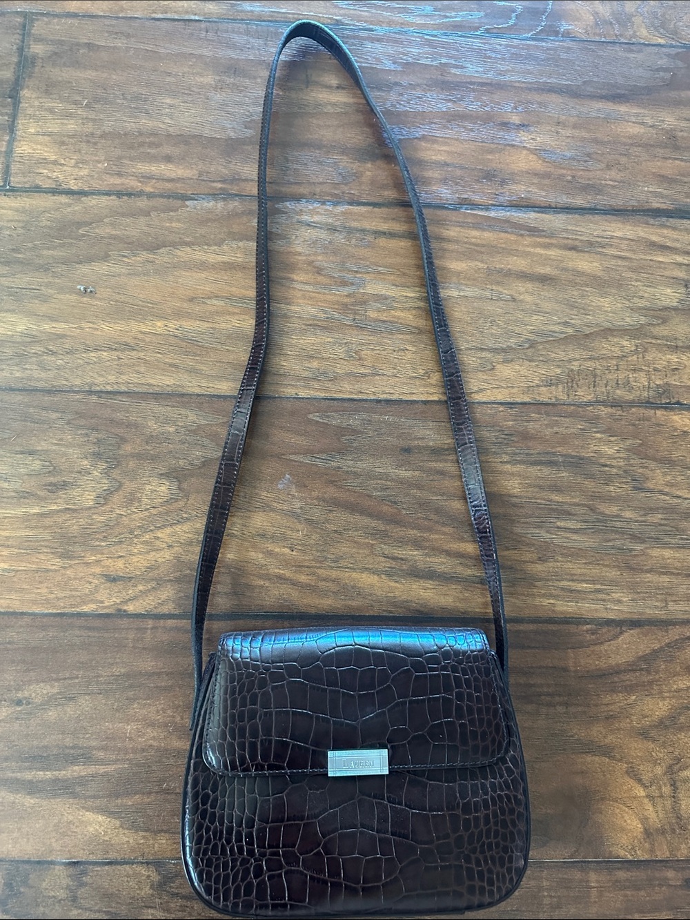 Lauren Ralph Lauren Dark Brown Croc-Embossed Leather Crossbody